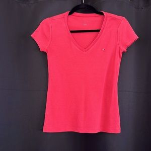 Tommy Hilfiger V-Neck short sleeve knit tshirt hot pink